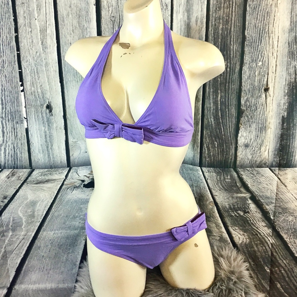 Purple bow halter bikini set